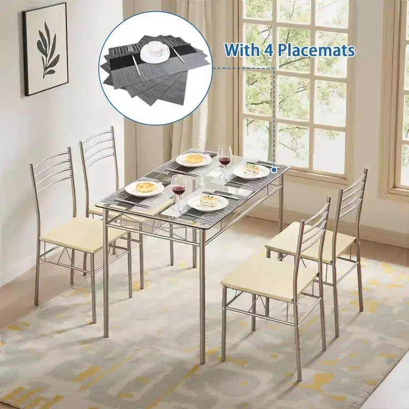 Ensemble de salle à manger 5 pièces VECELO avec table en verre et 4 chaises rembourrées, ensemble de table rectangulaire de cuisine marron/noir
