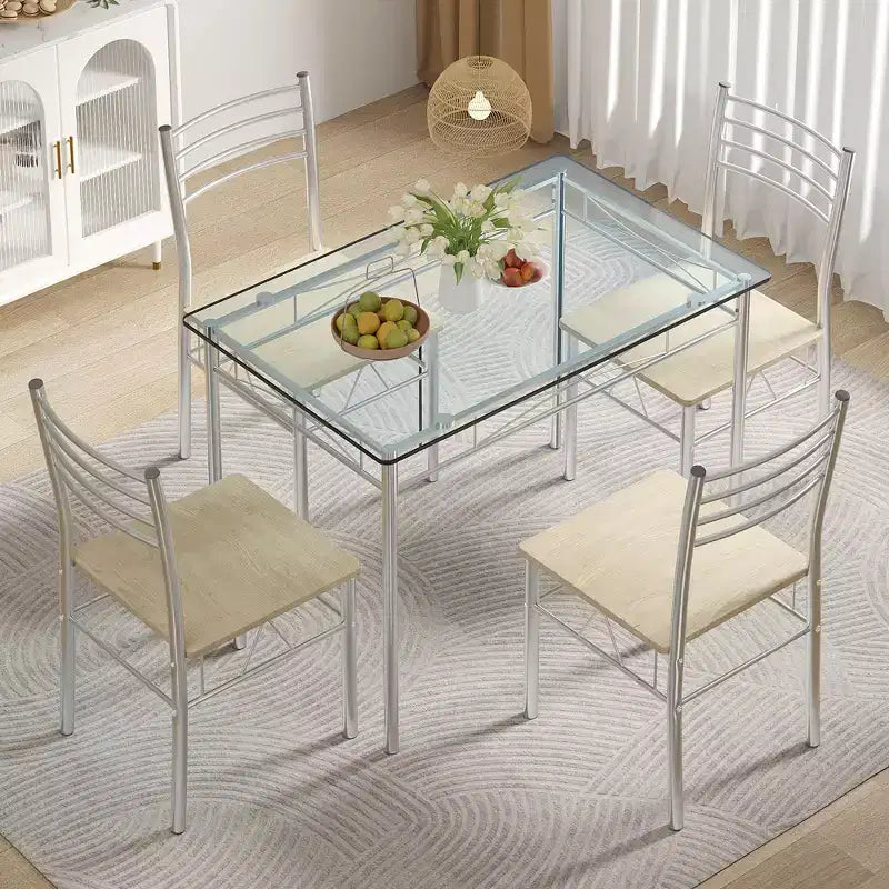 Ensemble de salle à manger 5 pièces VECELO avec table en verre et 4 chaises rembourrées, ensemble de table rectangulaire de cuisine marron/noir