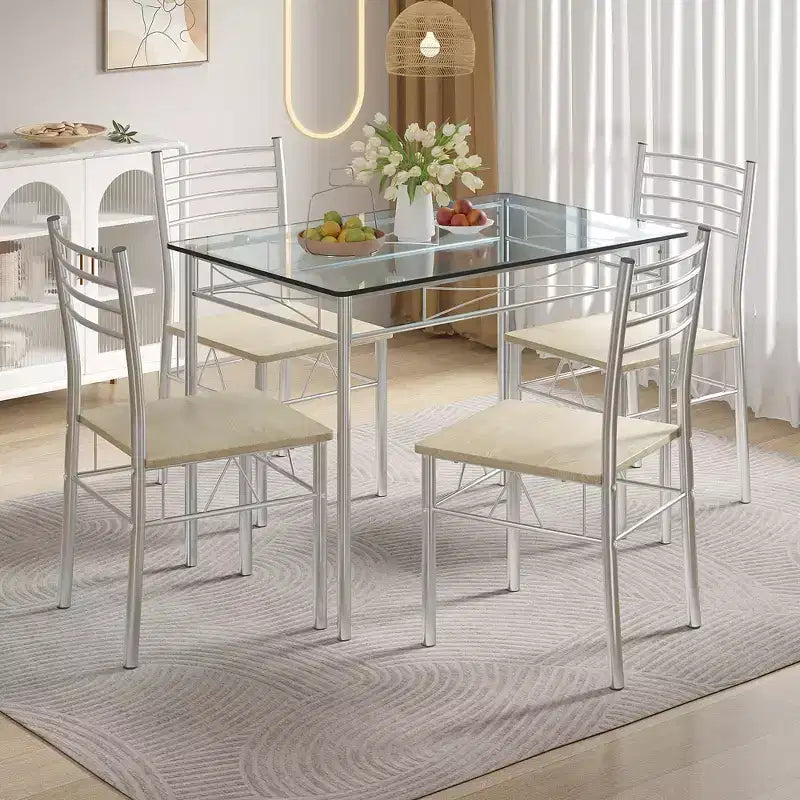 Ensemble de salle à manger 5 pièces VECELO avec table en verre et 4 chaises rembourrées, ensemble de table rectangulaire de cuisine marron/noir
