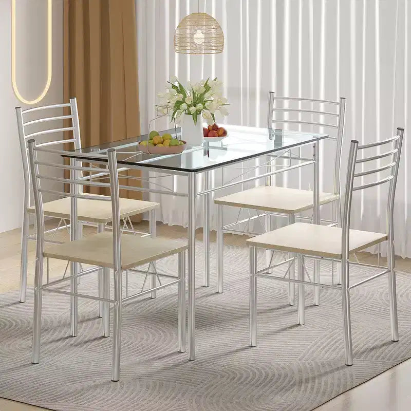Ensemble de salle à manger 5 pièces VECELO avec table en verre et 4 chaises rembourrées, ensemble de table rectangulaire de cuisine marron/noir