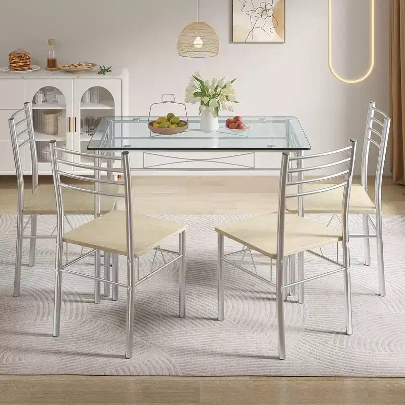 Ensemble de salle à manger 5 pièces VECELO avec table en verre et 4 chaises rembourrées, ensemble de table rectangulaire de cuisine marron/noir