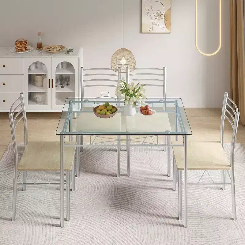 Ensemble de salle à manger 5 pièces VECELO avec table en verre et 4 chaises rembourrées, ensemble de table rectangulaire de cuisine marron/noir