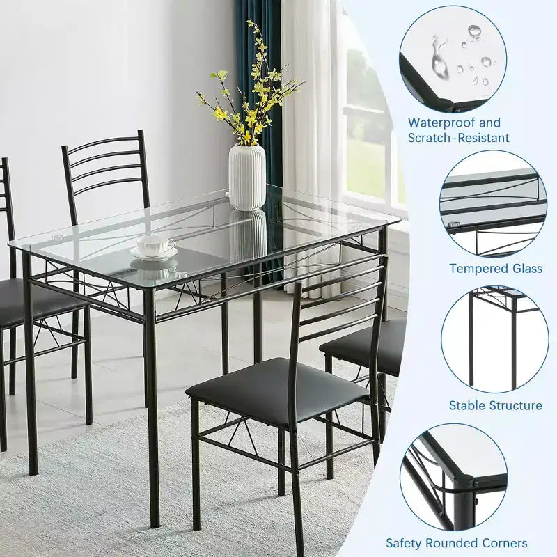Ensemble de salle à manger 5 pièces VECELO avec table en verre et 4 chaises rembourrées, ensemble de table rectangulaire de cuisine marron/noir