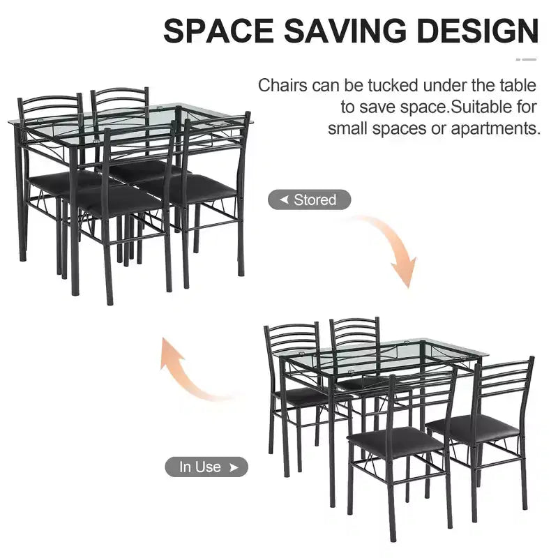 Ensemble de salle à manger 5 pièces VECELO avec table en verre et 4 chaises rembourrées, ensemble de table rectangulaire de cuisine marron/noir