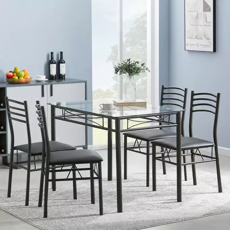 VECELO 5 Piece Dining Table Set with Glass Top Table & 4 Upholstered Chairs, Kitchen Rectangular Table Set Brown/Black