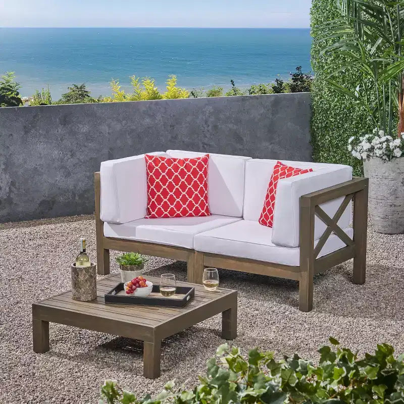 GDFStudio Keith Outdoor Acacia Wood Loveseat and Coffee Table Set with Cushions