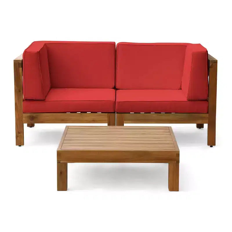 GDFStudio Keith Outdoor Acacia Wood Loveseat and Coffee Table Set with Cushions