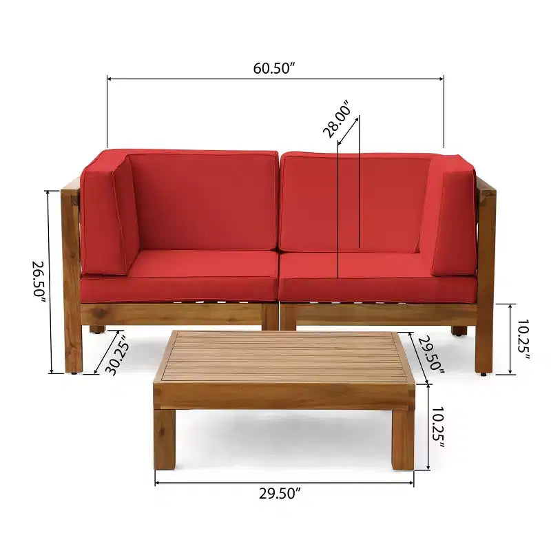 GDFStudio Keith Outdoor Acacia Wood Loveseat and Coffee Table Set with Cushions
