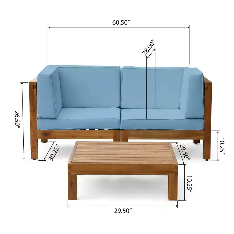 GDFStudio Keith Outdoor Acacia Wood Loveseat and Coffee Table Set with Cushions
