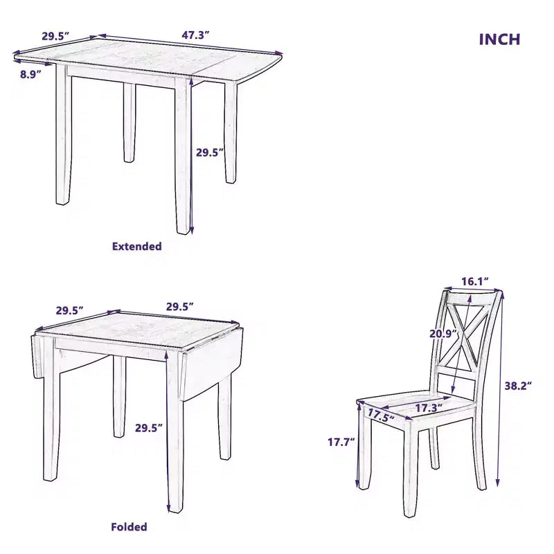 Ensemble de salle à manger Whisen 3 pièces avec table pliante en bois et 2 chaises à dossier en X