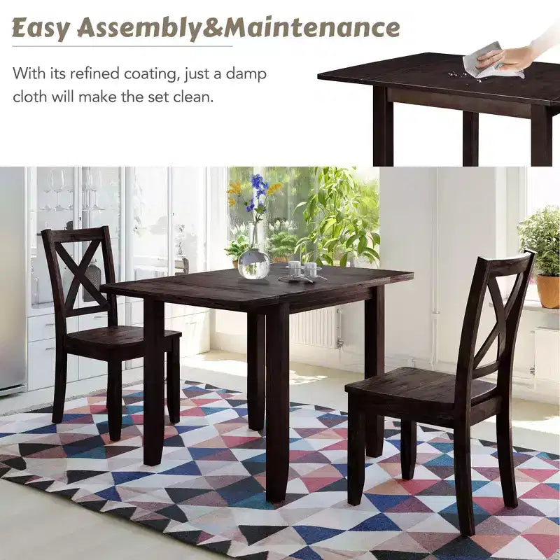 Ensemble de salle à manger Whisen 3 pièces avec table pliante en bois et 2 chaises à dossier en X