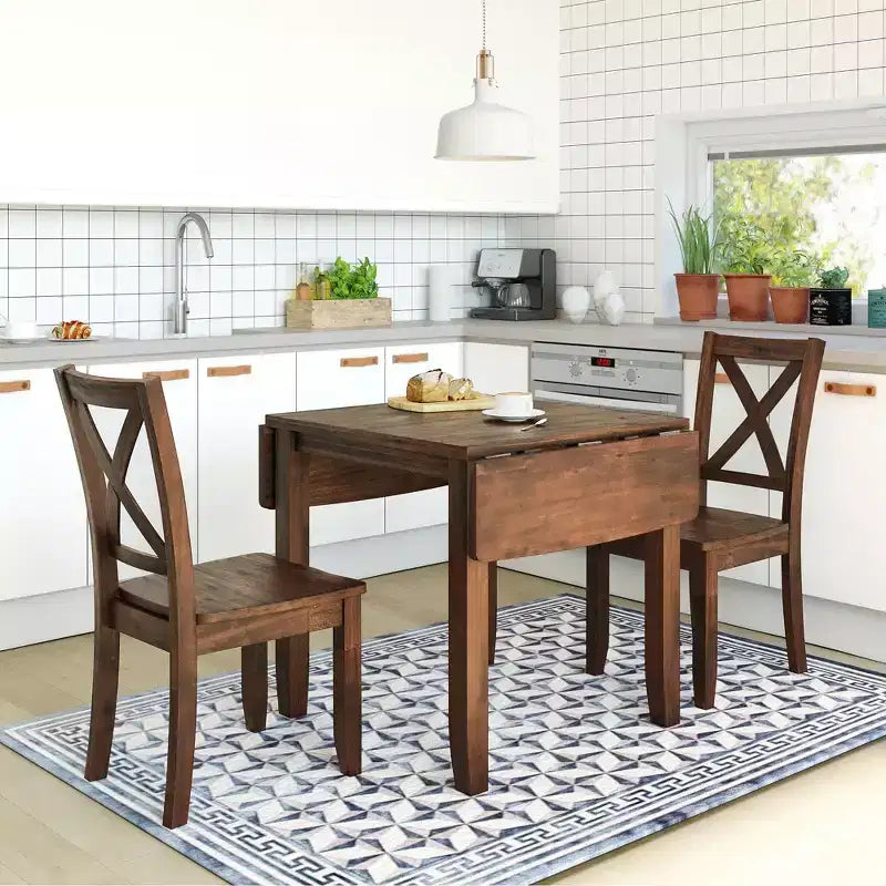 Whisen 3-Piece Wood Drop Leaf Breakfast Nook Dining Table Set with 2 X-back Chairs