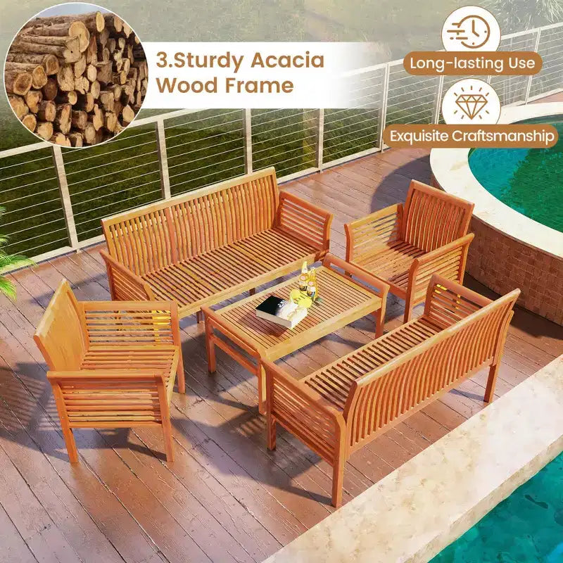 Costway 5 PCS Patio Furniture Set with Acacia Wood Frame & Removable Seat Cushions