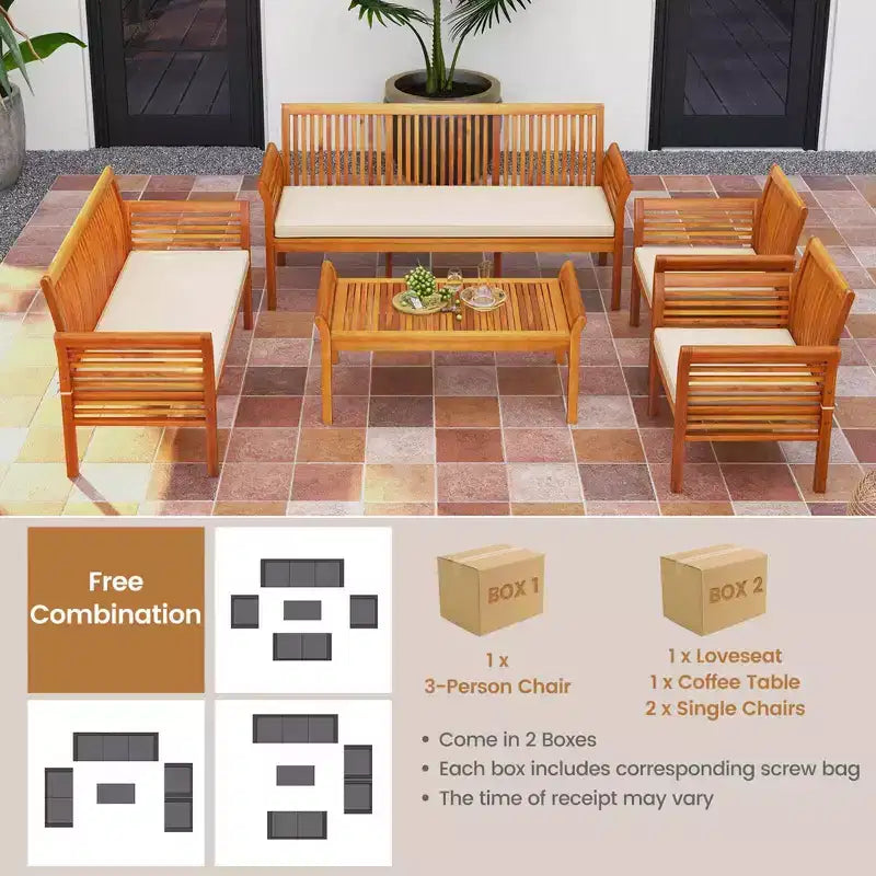 Costway 5 PCS Patio Furniture Set with Acacia Wood Frame & Removable Seat Cushions