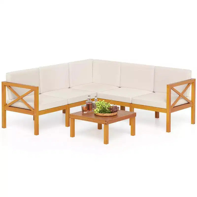 Costway 6 PCS Acacia Wood Patio Furniture Set with Cushions and Coffee Table for Garden
