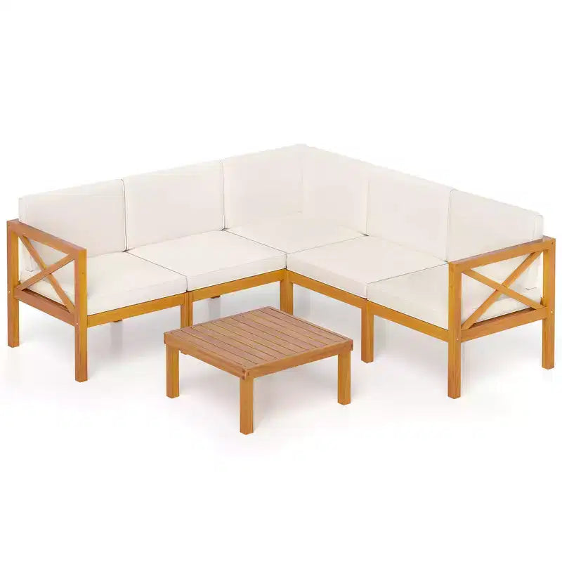 Costway 6 PCS Acacia Wood Patio Furniture Set with Cushions and Coffee Table for Garden