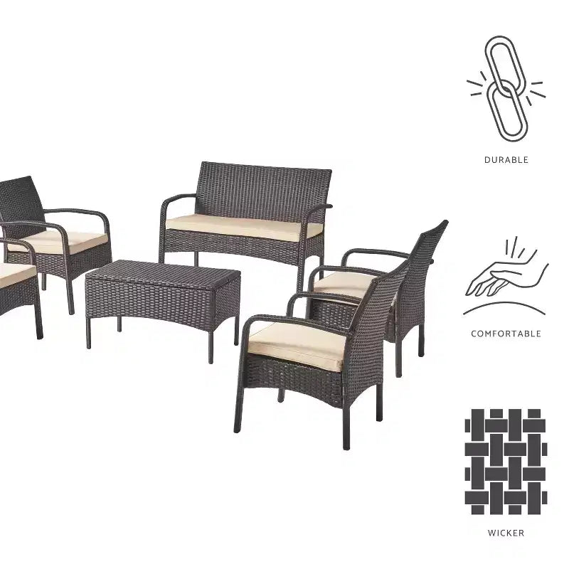 GDFStudio Kilburn Outdoor Wicker 6 Seater Chat Set with Water-Resistant Cushion