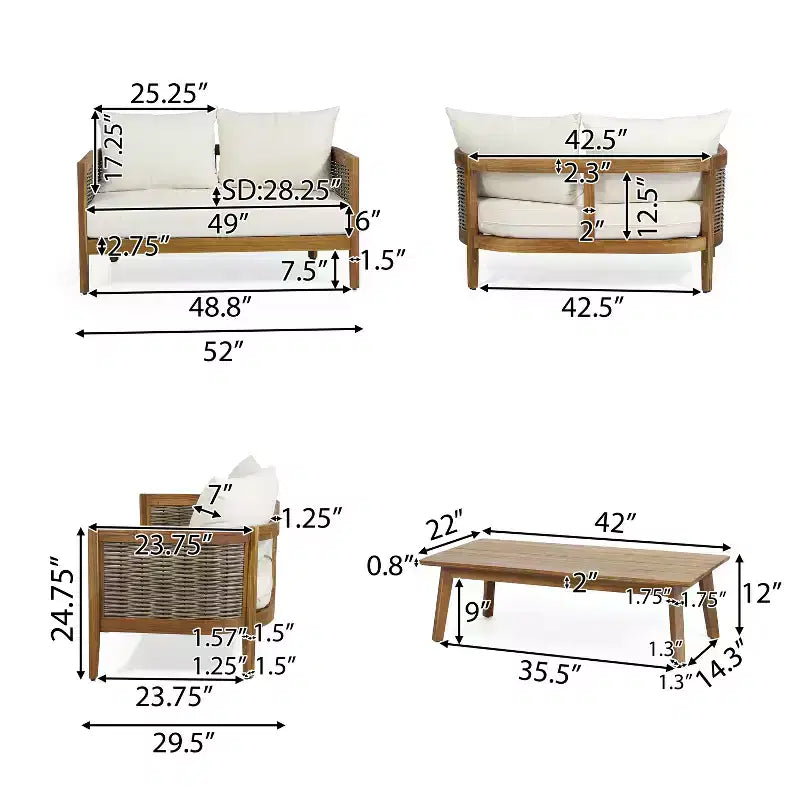 Christopher Knight Home Burchett 4 Pieces Patio Acacia Wood and Wicker Conversation Set with Cushions