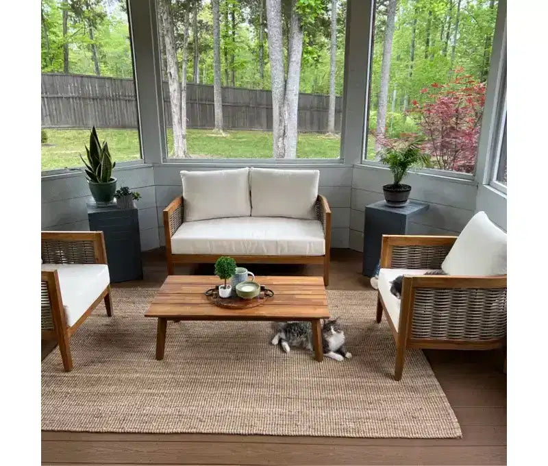 Christopher Knight Home Burchett 4 Pieces Patio Acacia Wood and Wicker Conversation Set with Cushions
