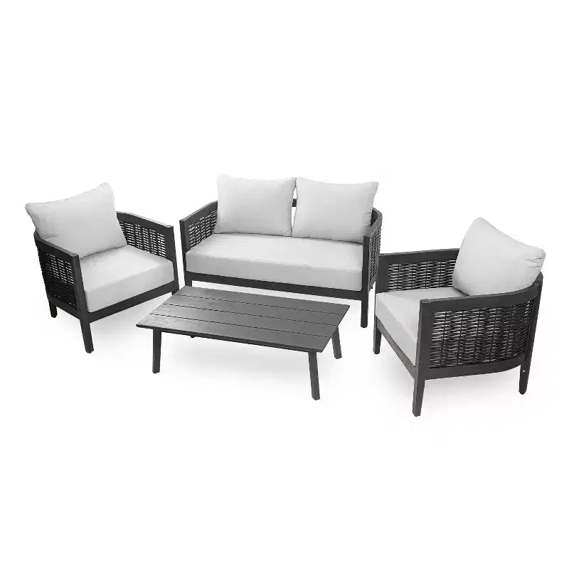 Christopher Knight Home Burchett 4 Pieces Patio Acacia Wood and Wicker Conversation Set with Cushions