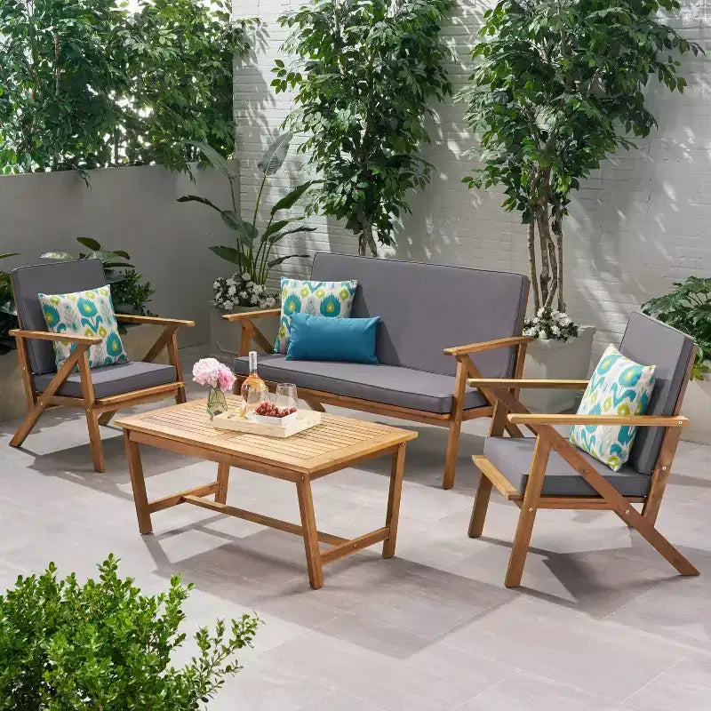 Christopher Knight Home Lissette Outdoor Acacia Wood 4 Seater Chat Set with Cushions, Teak and Dark Gray