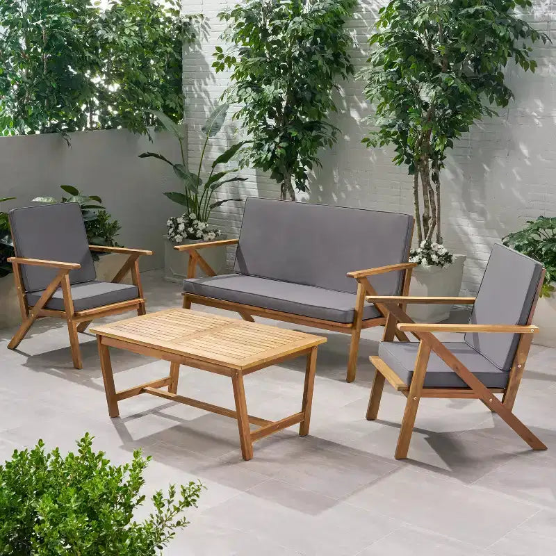 Christopher Knight Home Lissette Outdoor Acacia Wood 4 Seater Chat Set with Cushions, Teak and Dark Gray