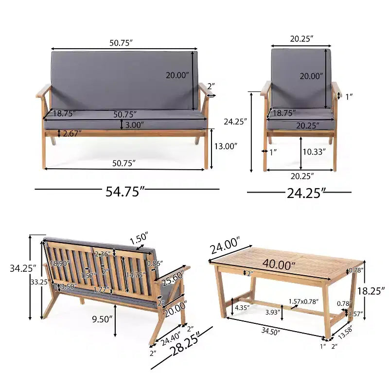 Christopher Knight Home Lissette Outdoor Acacia Wood 4 Seater Chat Set with Cushions, Teak and Dark Gray