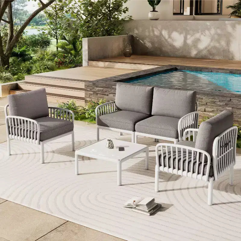 Christopher Knight Home Leah 4 Seater Outdoor Plastic and Glass Conversation Sets with Cushions