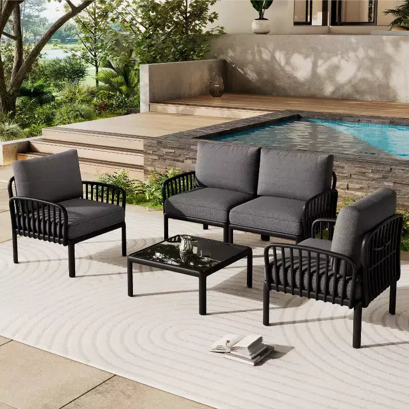 Christopher Knight Home Leah 4 Seater Outdoor Plastic and Glass Conversation Sets with Cushions