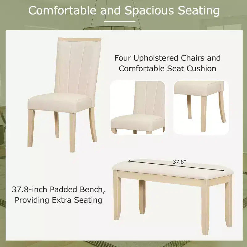 6 Piece Extendable Dining Table Set Dining Set with Removable Leaf, 4 Upholstered Dining Chairs and Bench, Natural+Beige - ModernLuxe