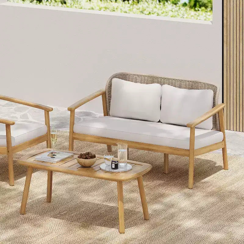 Christopher Knight Home Adrian 2 Piece Patio Woven Rope Acacia Wood Seating Set, Brown