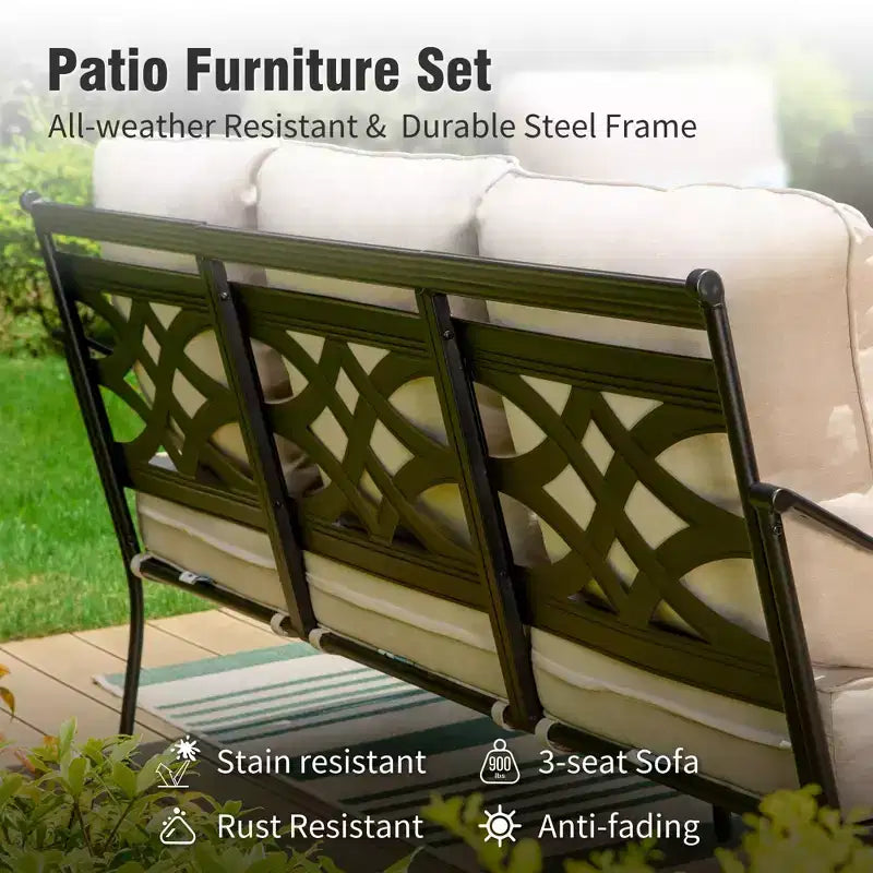 Captiva Designs 6pc extra large metal outdoor patio conversation set with four swivel pattern-back chairs and loveseat