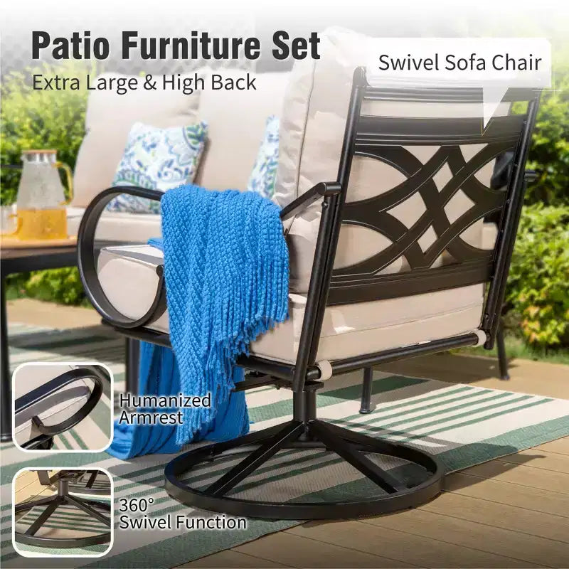 Captiva Designs 6pc extra large metal outdoor patio conversation set with four swivel pattern-back chairs and loveseat
