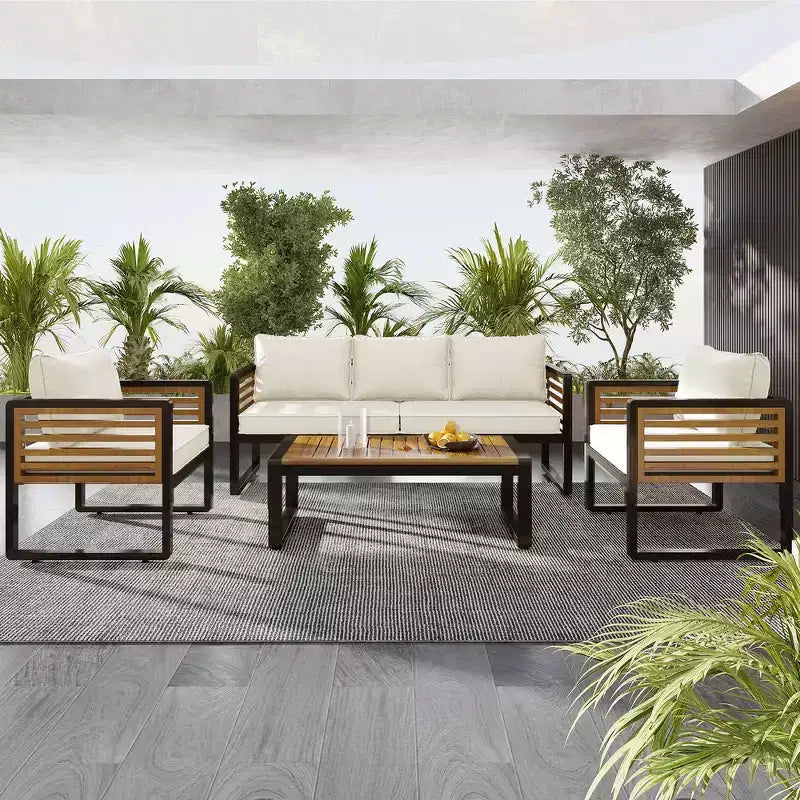 Whisen Outdoor Furniture sofa for 5 Person Conversation Set, Garden Sofa Set With Removable Cushion