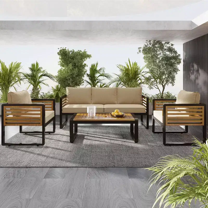 Whisen Outdoor Furniture sofa for 5 Person Conversation Set, Garden Sofa Set With Removable Cushion