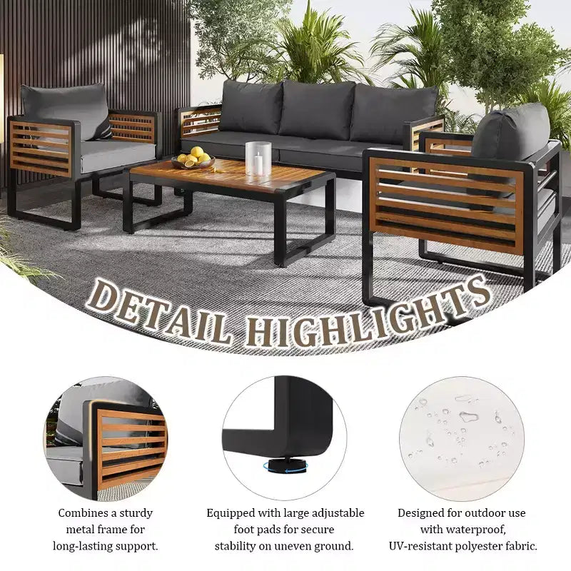 Whisen Outdoor Furniture sofa for 5 Person Conversation Set, Garden Sofa Set With Removable Cushion
