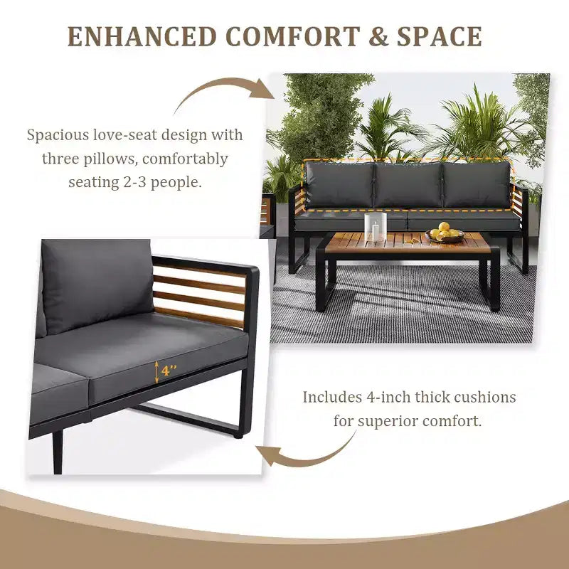 Whisen Outdoor Furniture sofa for 5 Person Conversation Set, Garden Sofa Set With Removable Cushion