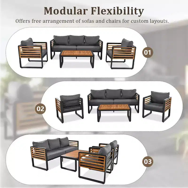 Whisen Outdoor Furniture sofa for 5 Person Conversation Set, Garden Sofa Set With Removable Cushion