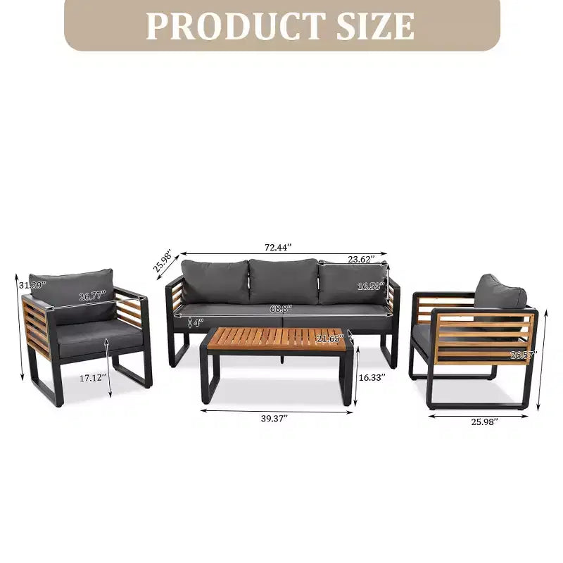 Whisen Outdoor Furniture sofa for 5 Person Conversation Set, Garden Sofa Set With Removable Cushion