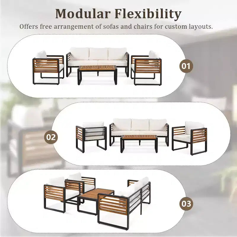 Whisen Outdoor Furniture sofa for 5 Person Conversation Set, Garden Sofa Set With Removable Cushion