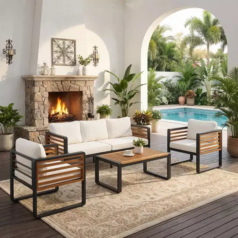 Whisen Outdoor Furniture sofa for 5 Person Conversation Set, Garden Sofa Set With Removable Cushion