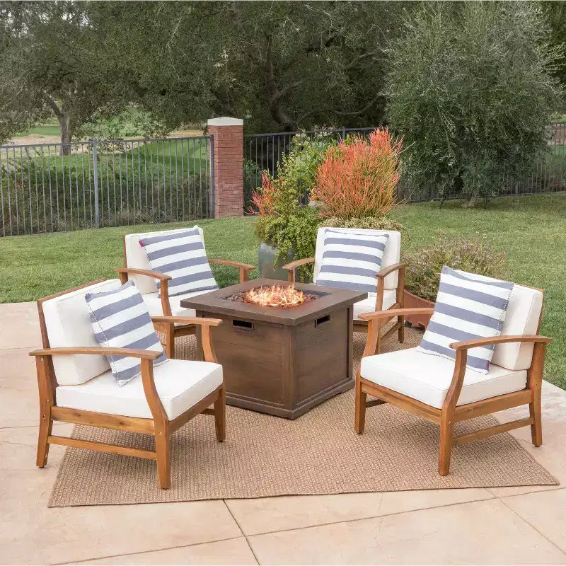 Christopher Knight Home Havana Outdoor Acacia Wood 5 Piece Club Chair and Fire Pit Set with Cushions