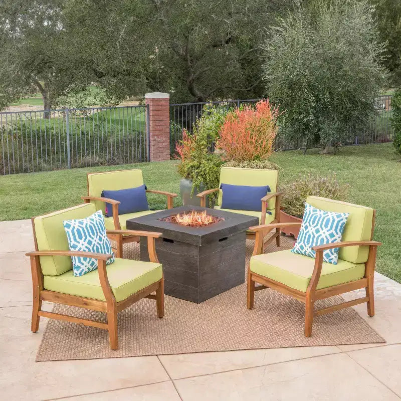 Christopher Knight Home Havana Outdoor Acacia Wood 5 Piece Club Chair and Fire Pit Set with Cushions