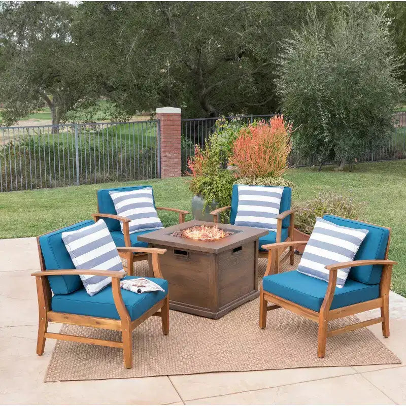 Christopher Knight Home Havana Outdoor Acacia Wood 5 Piece Club Chair and Fire Pit Set with Cushions