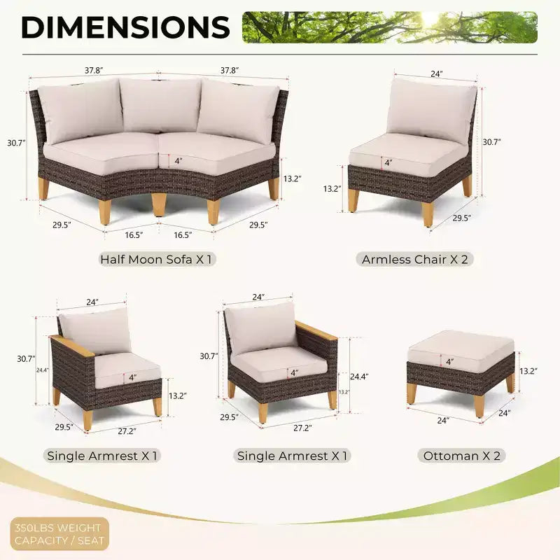 Captiva Designs 8pc Outdoor Wicker Rattan Patio Half-Moon Curved Sectional Sofa Set with Cushioned Ottoman