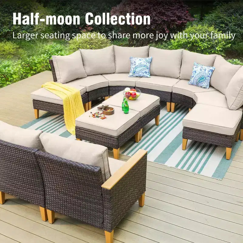 Captiva Designs 8pc Outdoor Wicker Rattan Patio Half-Moon Curved Sectional Sofa Set with Cushioned Ottoman