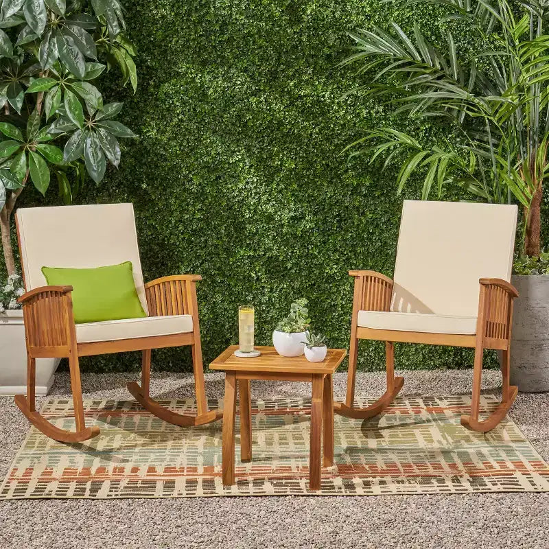 Christopher Knight Home Alabelle Outdoor Acacia Wood 3 Piece Rocking Chair Chat Set with Cushions, Brown/Cream