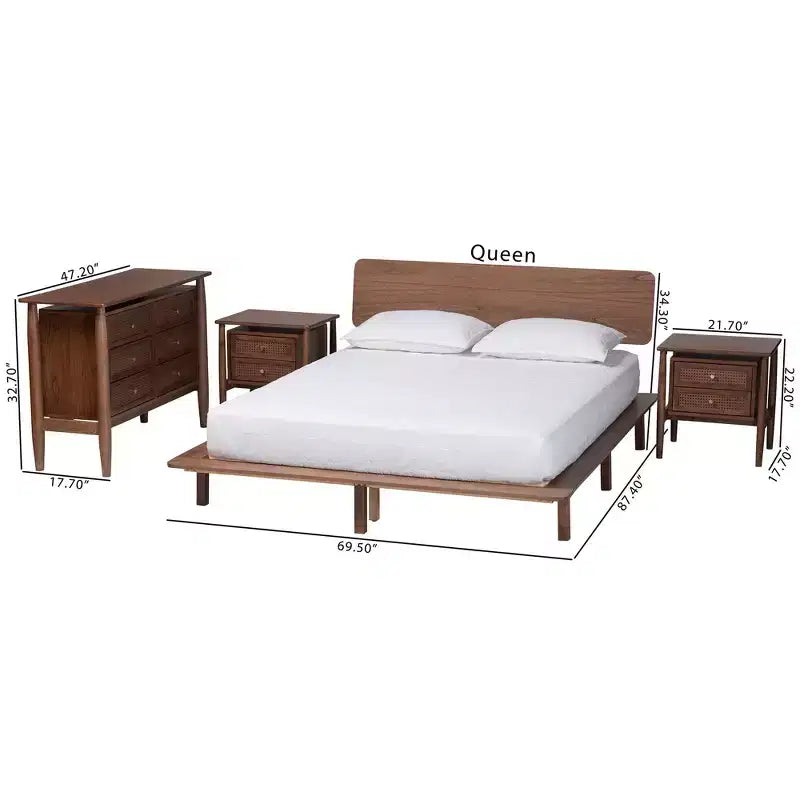 Ensemble de chambre à coucher 4 pièces Baxton Studio Alyssa style japandi en bois de noyer brun