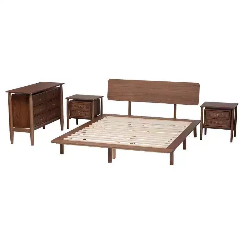 Ensemble de chambre à coucher 4 pièces Baxton Studio Alyssa style japandi en bois de noyer brun