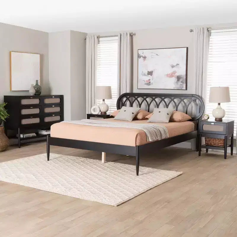 Baxton Studio Florica Art Deco Black Wood Queen 4-Piece Bedroom Set with Two Nightstands